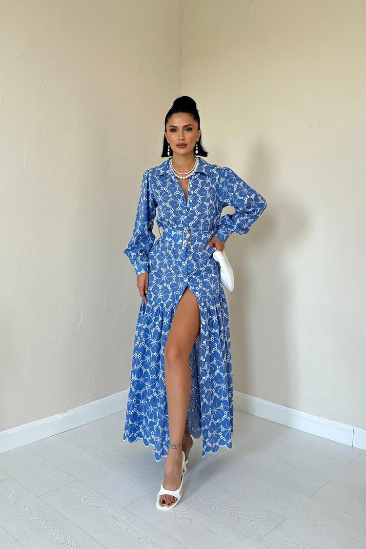 Blue Belted Dress With Floral Pattern