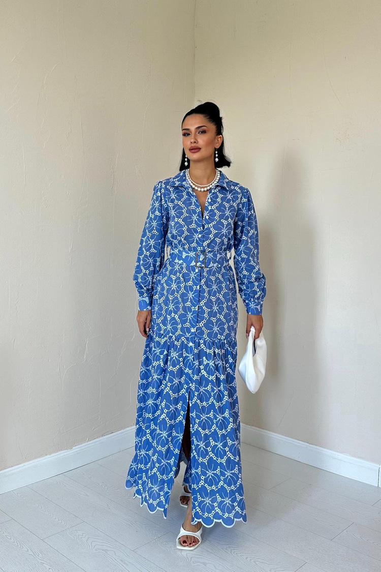 Blue Belted Dress With Floral Pattern