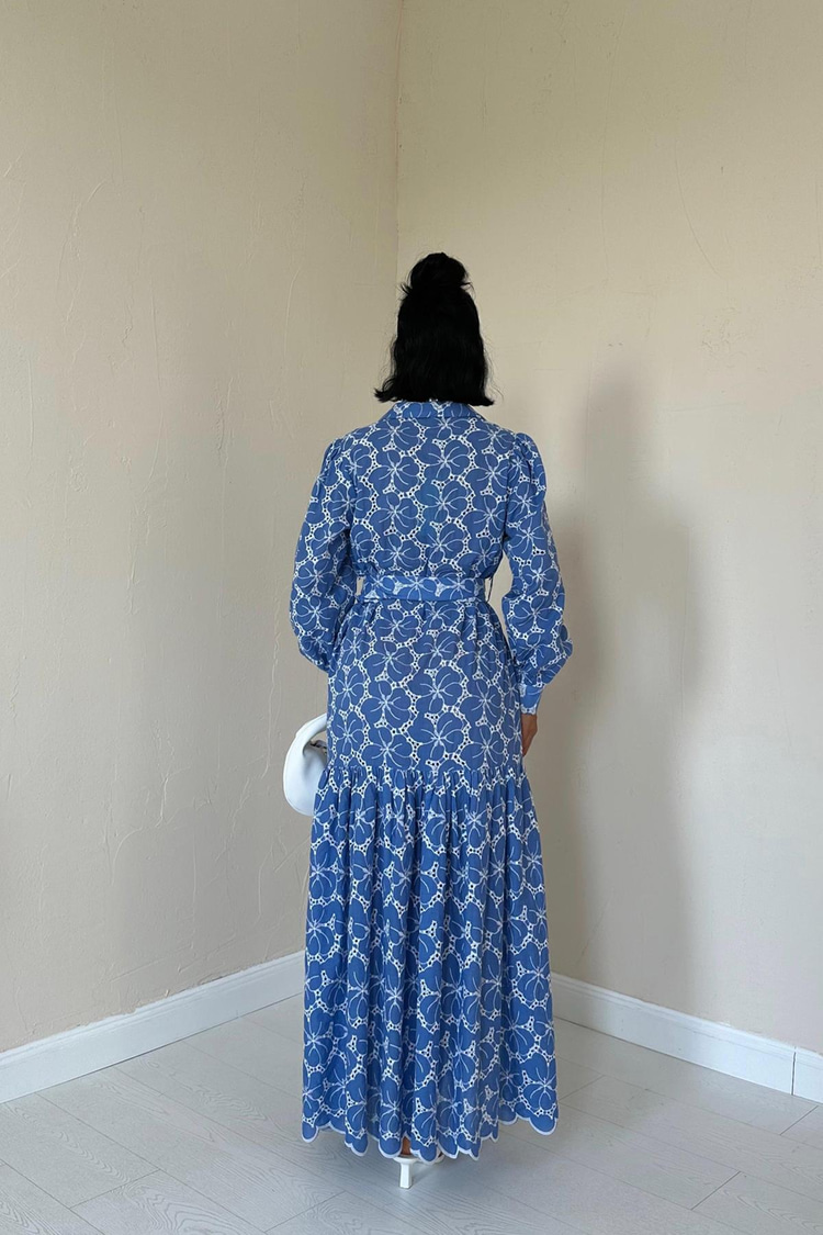 Blue Belted Dress With Floral Pattern