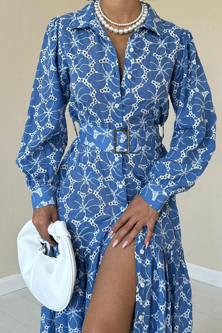 Blue Belted Dress With Floral Pattern