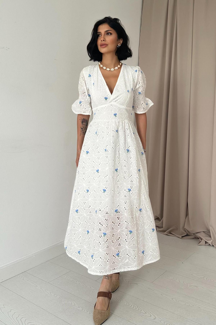Blue Embroidered Dress With Embroidered Sleeves