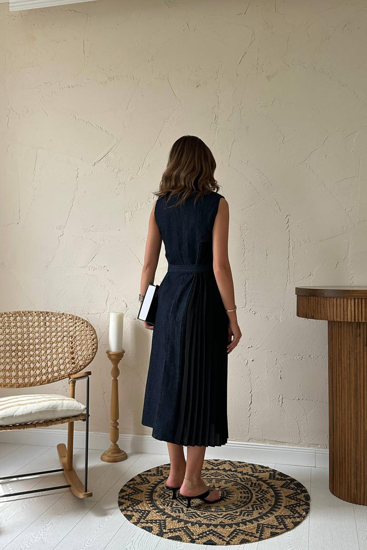 Blue Pleated Denim Dress