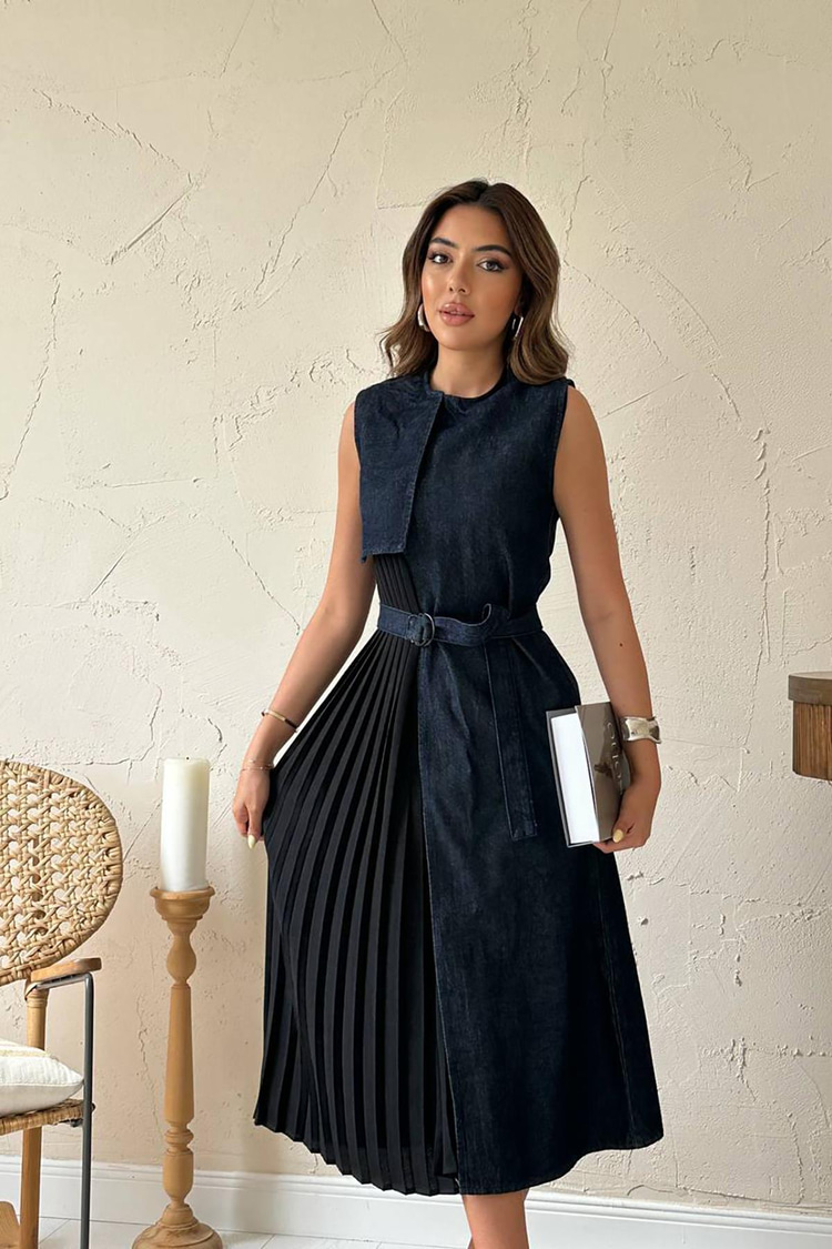 Blue Pleated Denim Dress