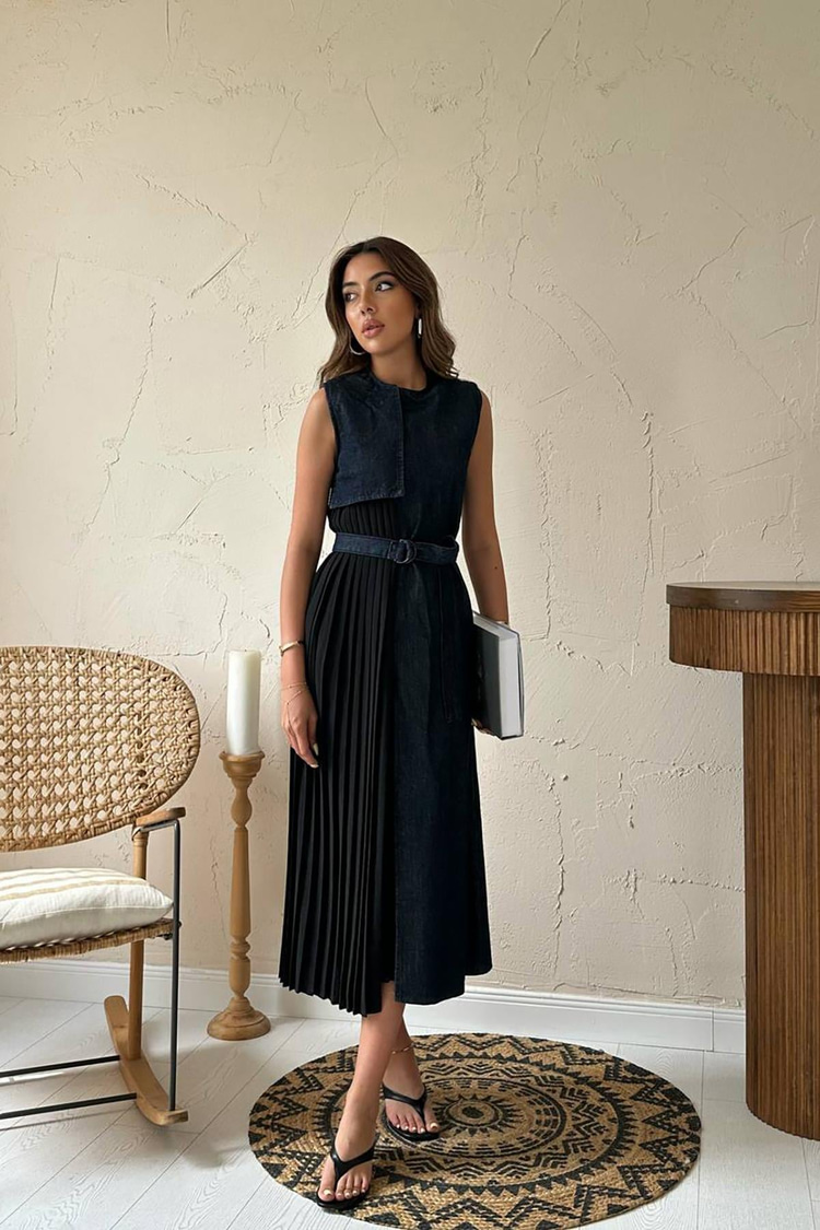 Blue Pleated Denim Dress