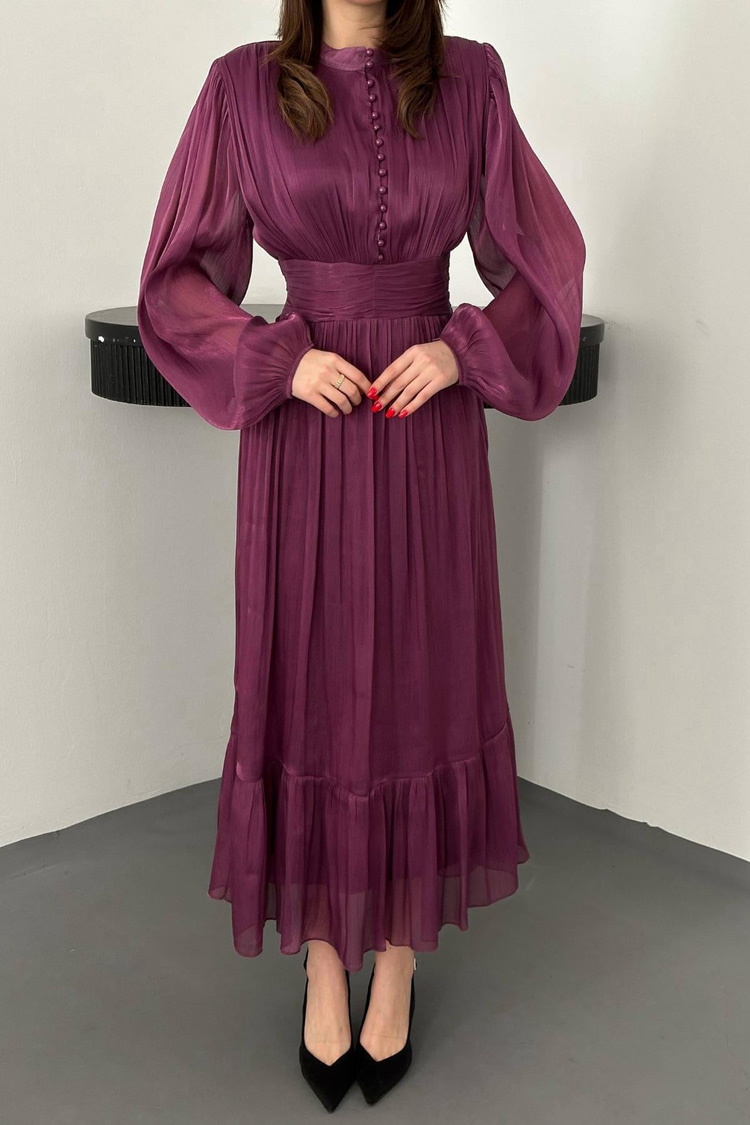 Toptan Mor Bel Büzgülü Elbise