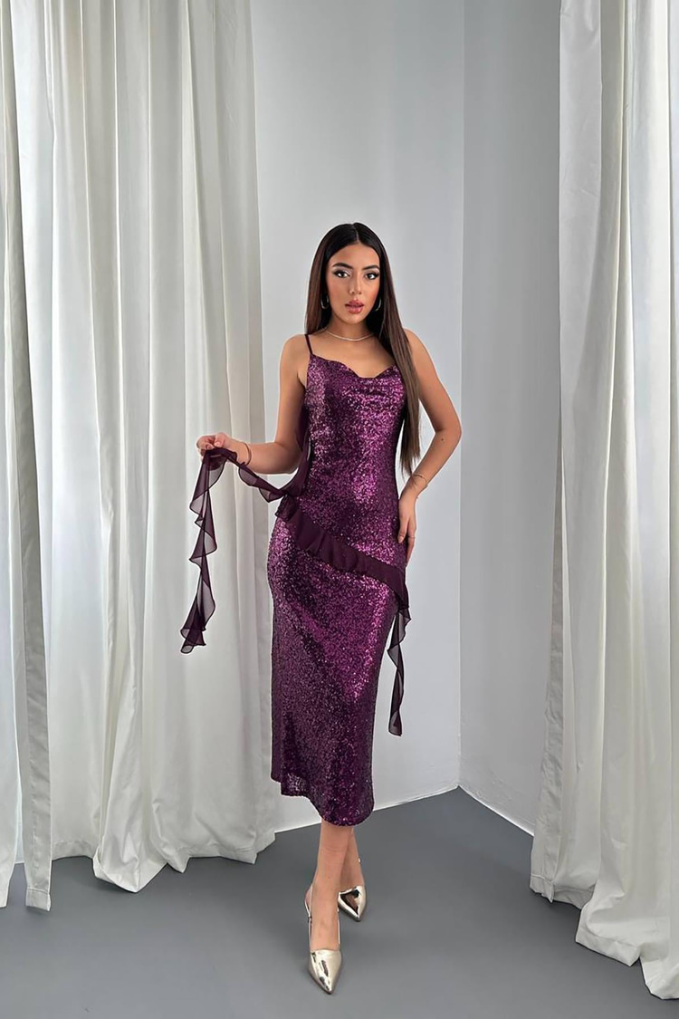 Purple Sequined Chiffon Ruffled Dress