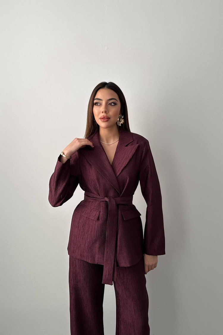 Mürdüm Parlak Beli Kuşaklı Takım