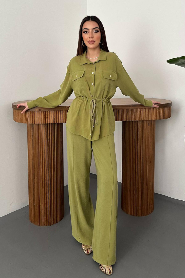 Olive Düğme Detaylı Gömlek Ve Nervürlü Pantolon Takım