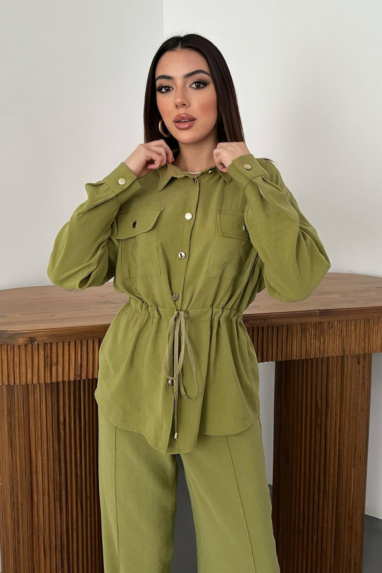 Olive Düğme Detaylı Gömlek Ve Nervürlü Pantolon Takım
