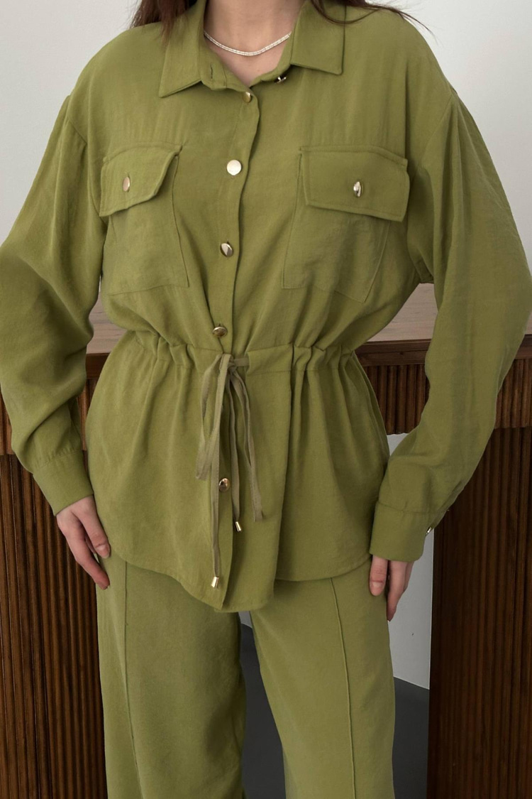 Olive Düğme Detaylı Gömlek Ve Nervürlü Pantolon Takım