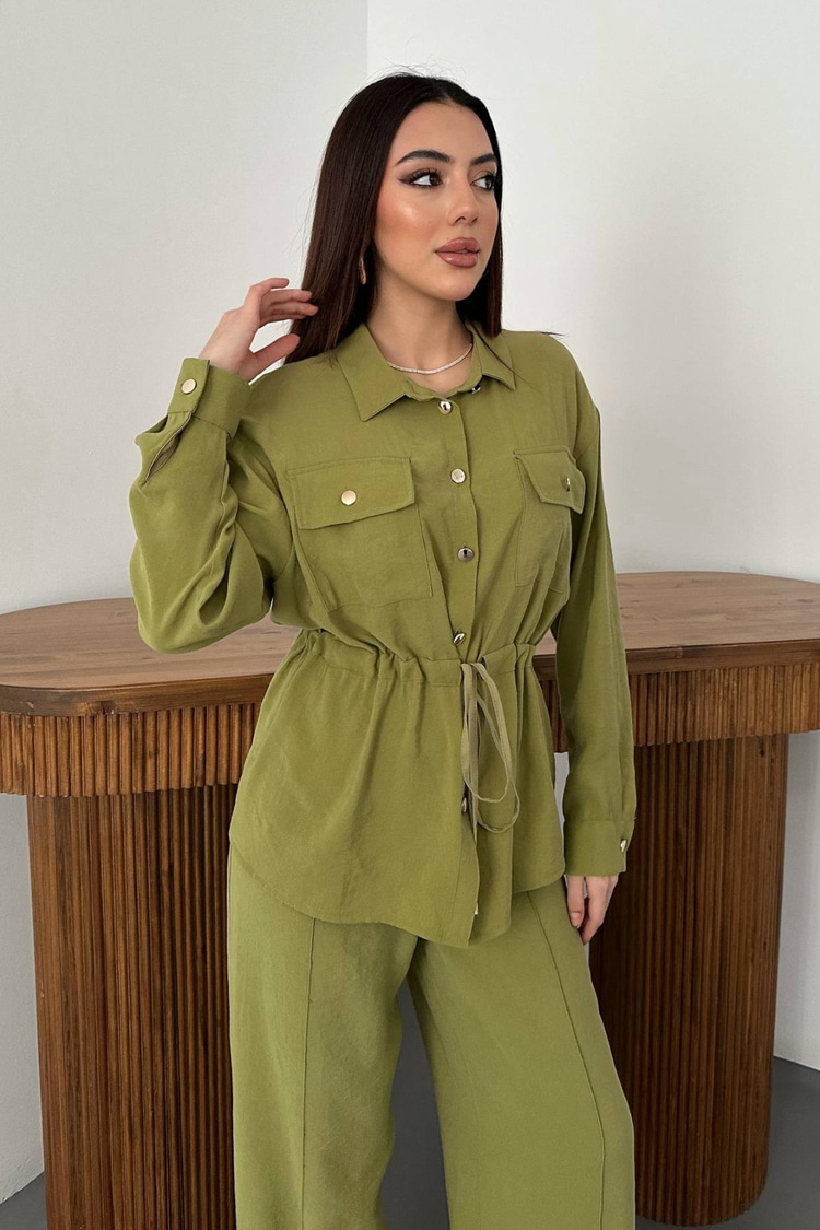 Olive Düğme Detaylı Gömlek Ve Nervürlü Pantolon Takım