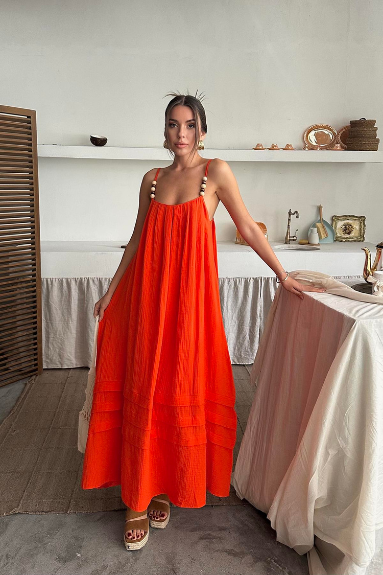 Oranj Askılı Müslin Elbise