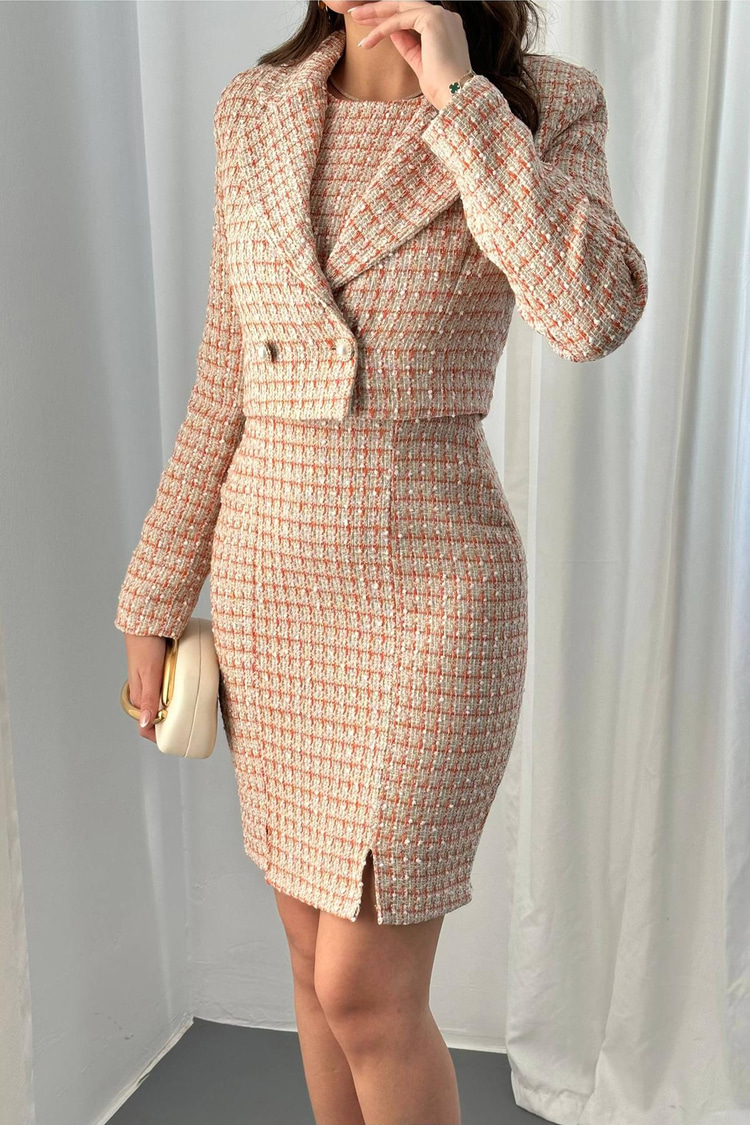 Orange Buttoned Jacket And Dress Set