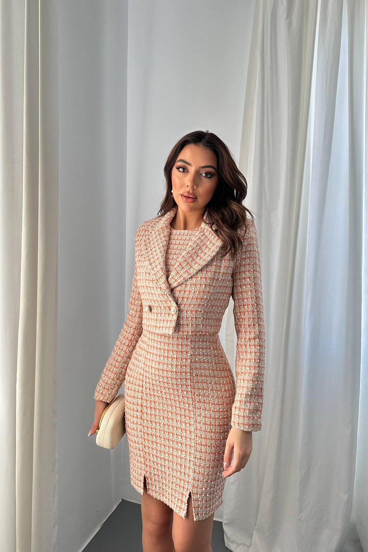Orange Buttoned Jacket And Dress Set