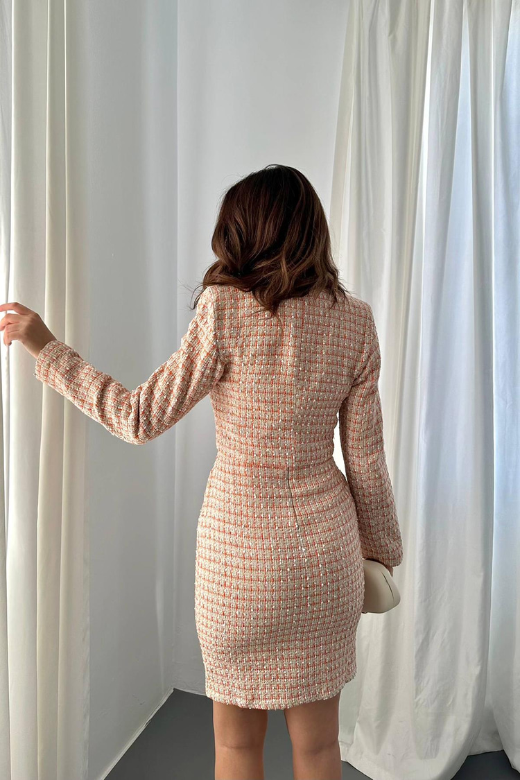 Orange Buttoned Jacket And Dress Set