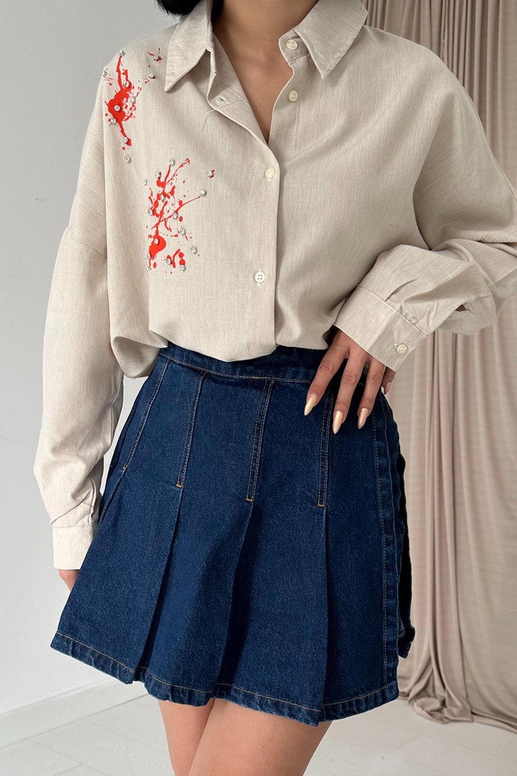 Orange Linen Printed Shirt With Stone Embellishments