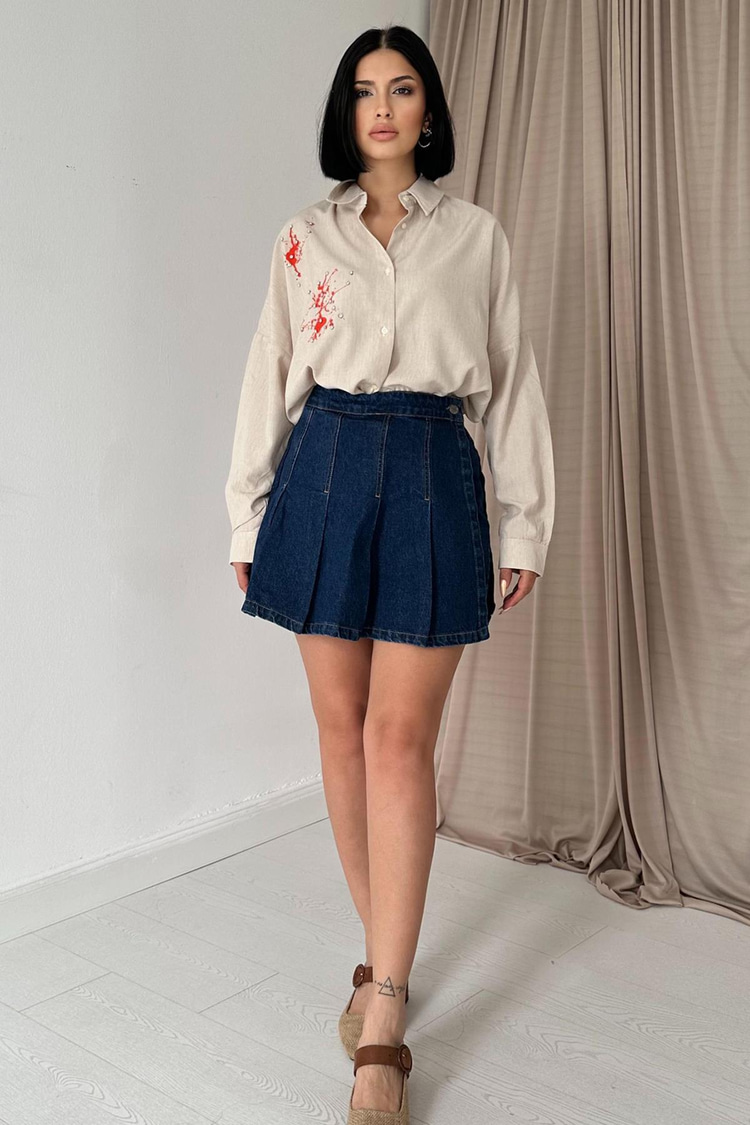 Orange Linen Printed Shirt With Stone Embellishments