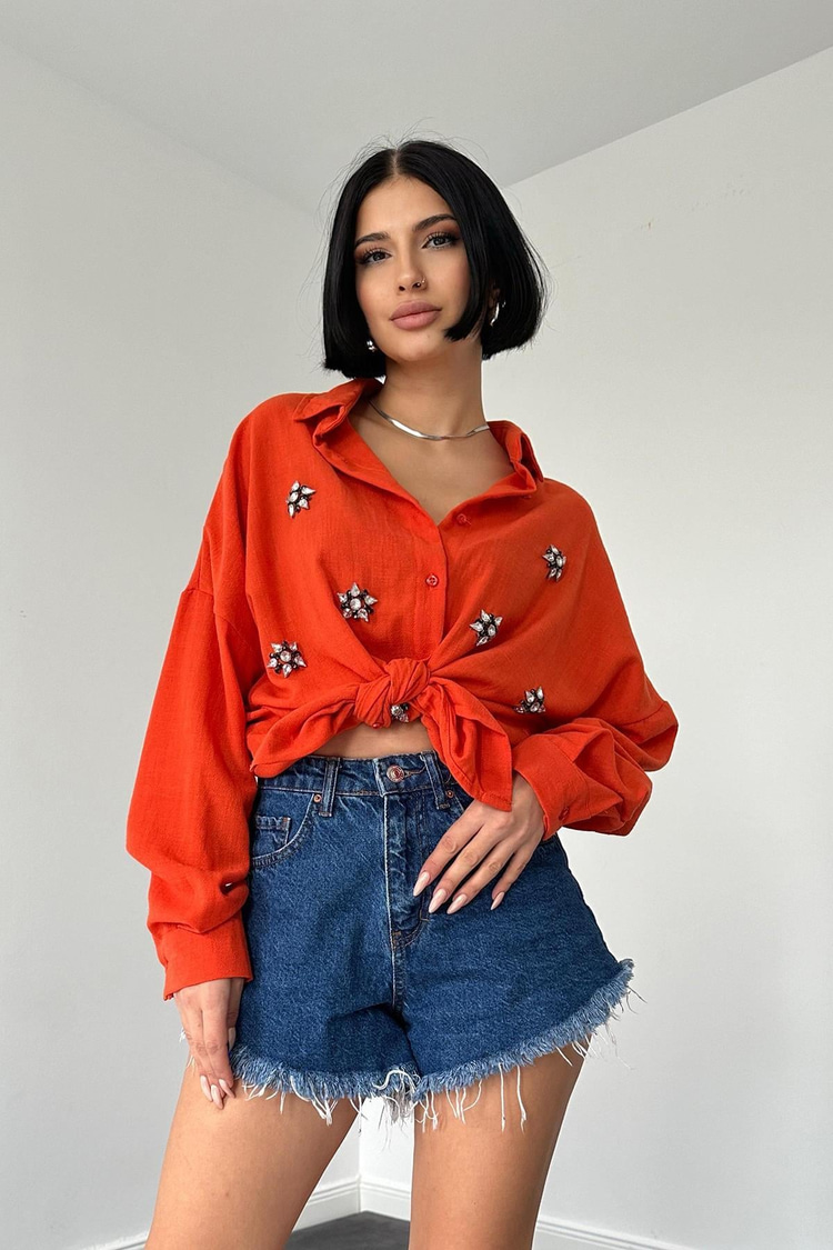 Orange Stone Embellished Shirt