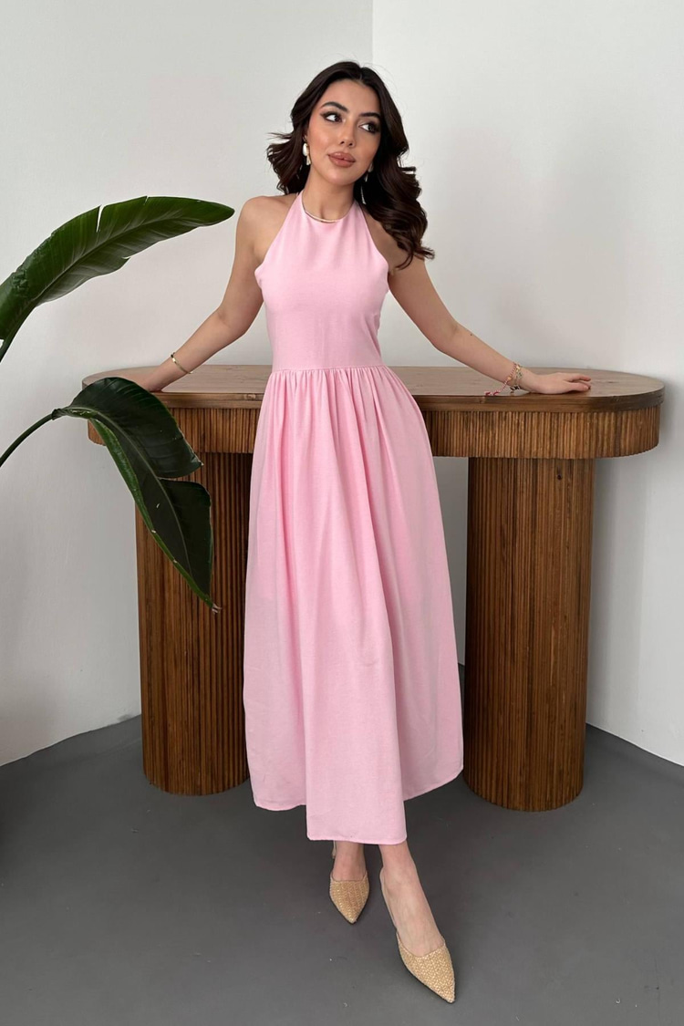 Pink Linen Dress With Back Trim