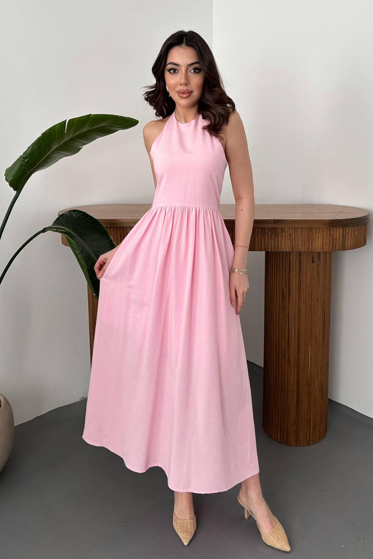 Pink Linen Dress With Back Trim