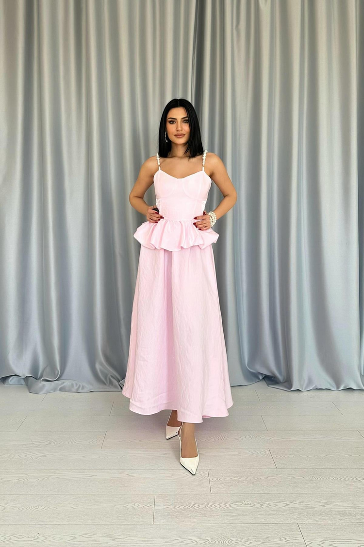 Pink Long Dress With Gathered Waist And Pearl Straps