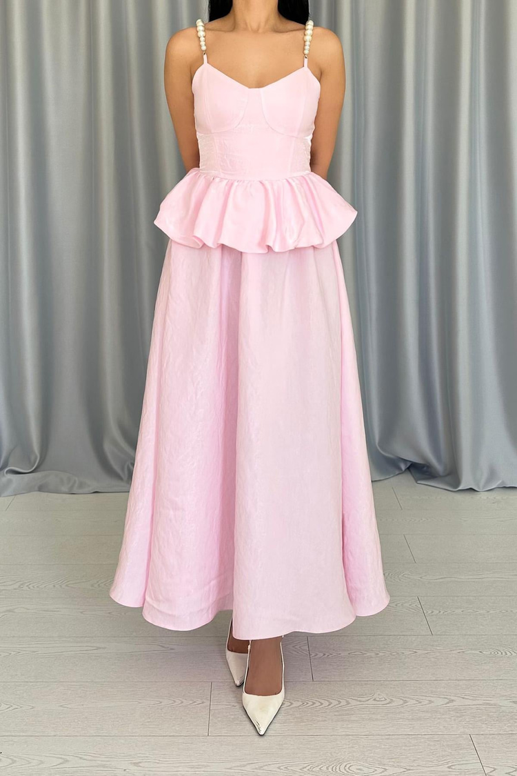 Pink Long Dress With Gathered Waist And Pearl Straps