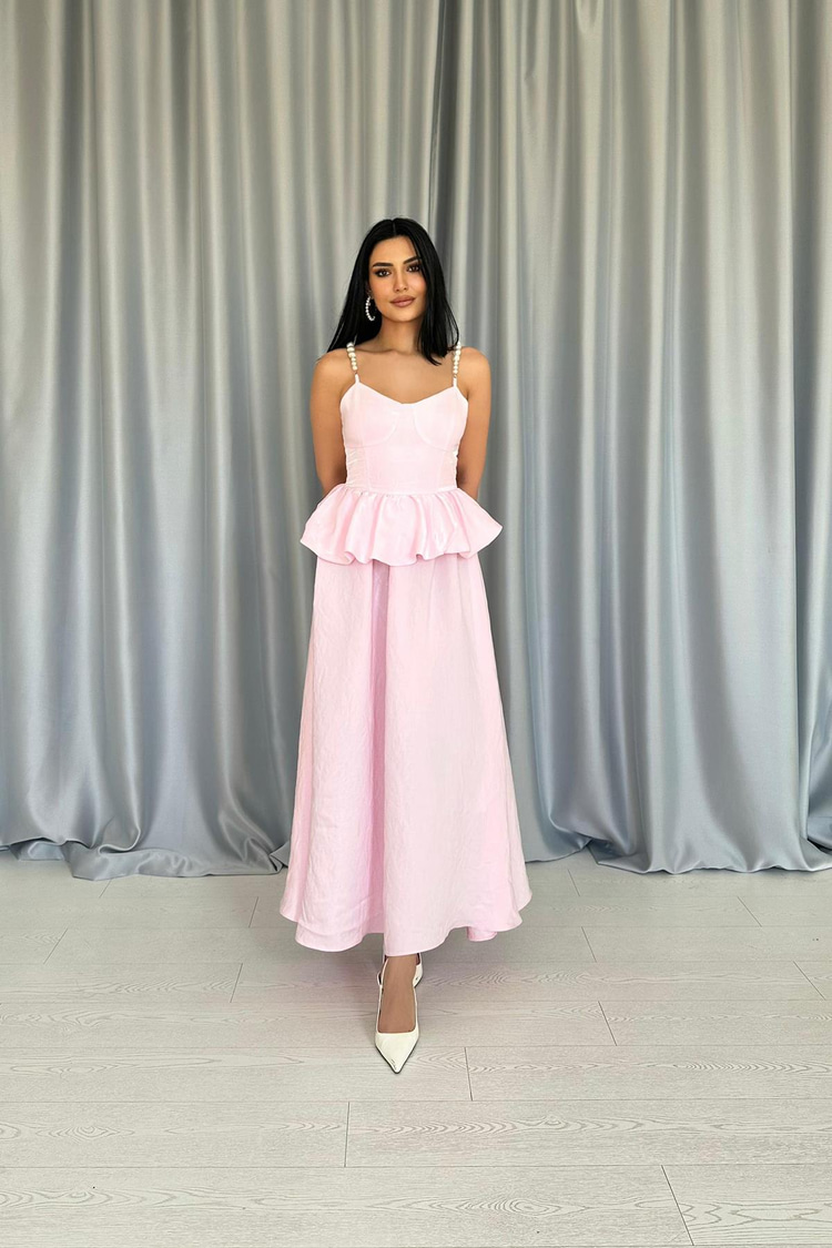 Pink Long Dress With Gathered Waist And Pearl Straps