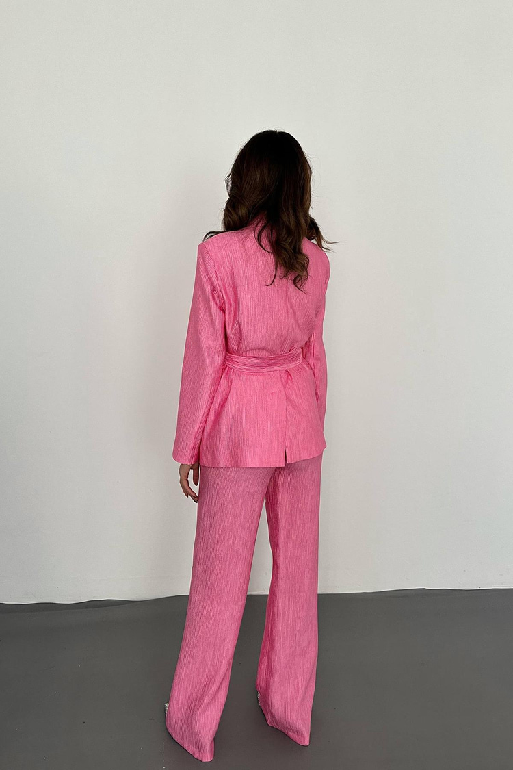 Pembe Beli Kuşaklı Ceket Ve Pantolon Parlak Takım