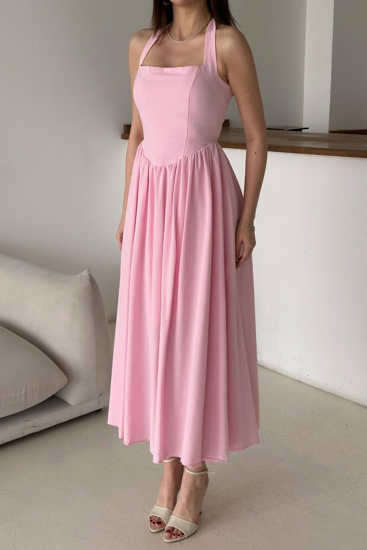 Pink Halter Neck Linen Dress