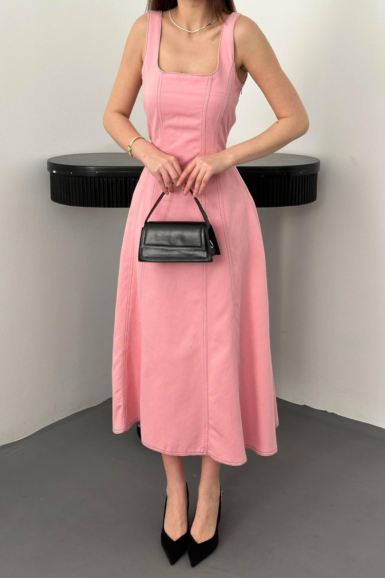 Pembe Çift Dikişli Gabardin Elbise