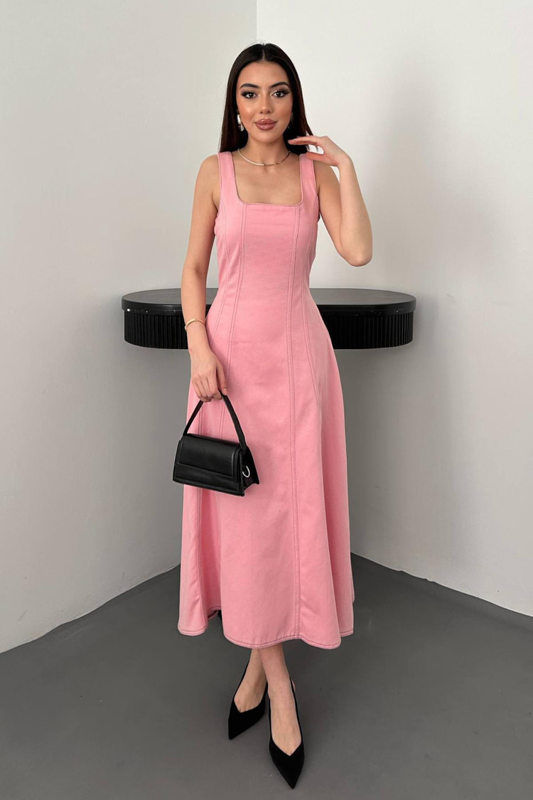 Pembe Çift Dikişli Gabardin Elbise