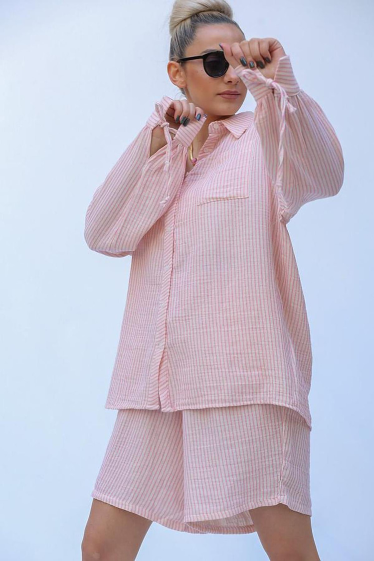 Toptan Pembe Çizgili Gömlek ve Şort Takım