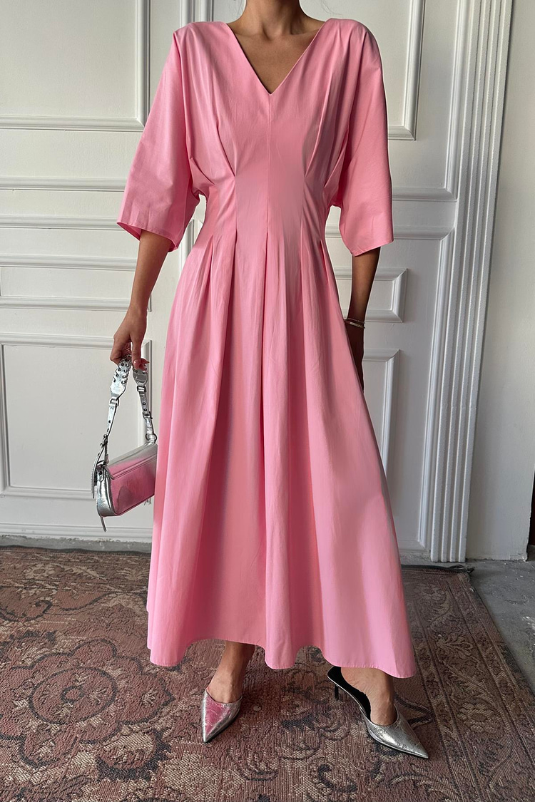 Toptan Pembe Pileli Uzun Elbise