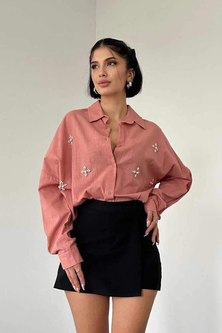 Powder Pink Beyoğlu Embellished Pearl Linen Shirt