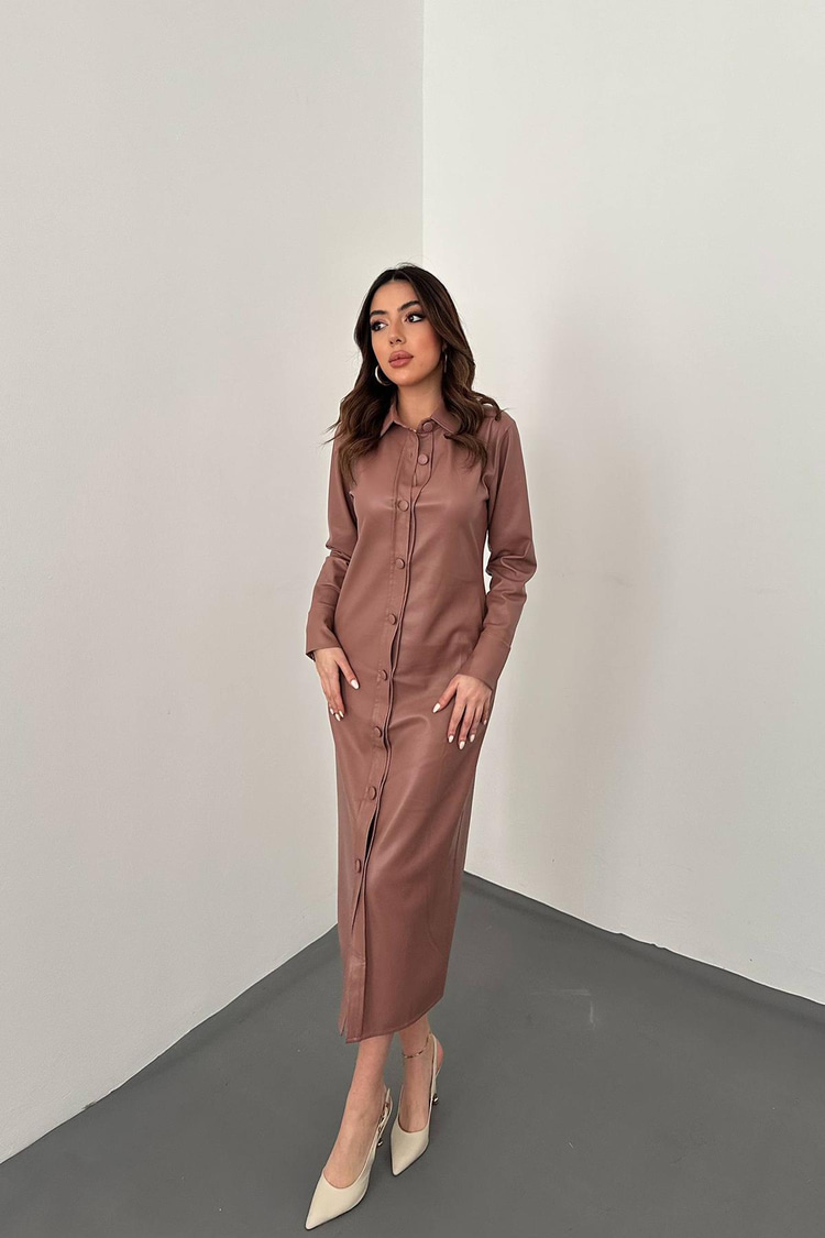 Toptan Pudra Boydan Düğmeli Deri Elbise