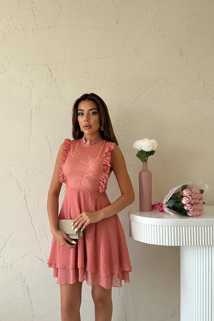 Pudra Çiçek Desenli Elbise
