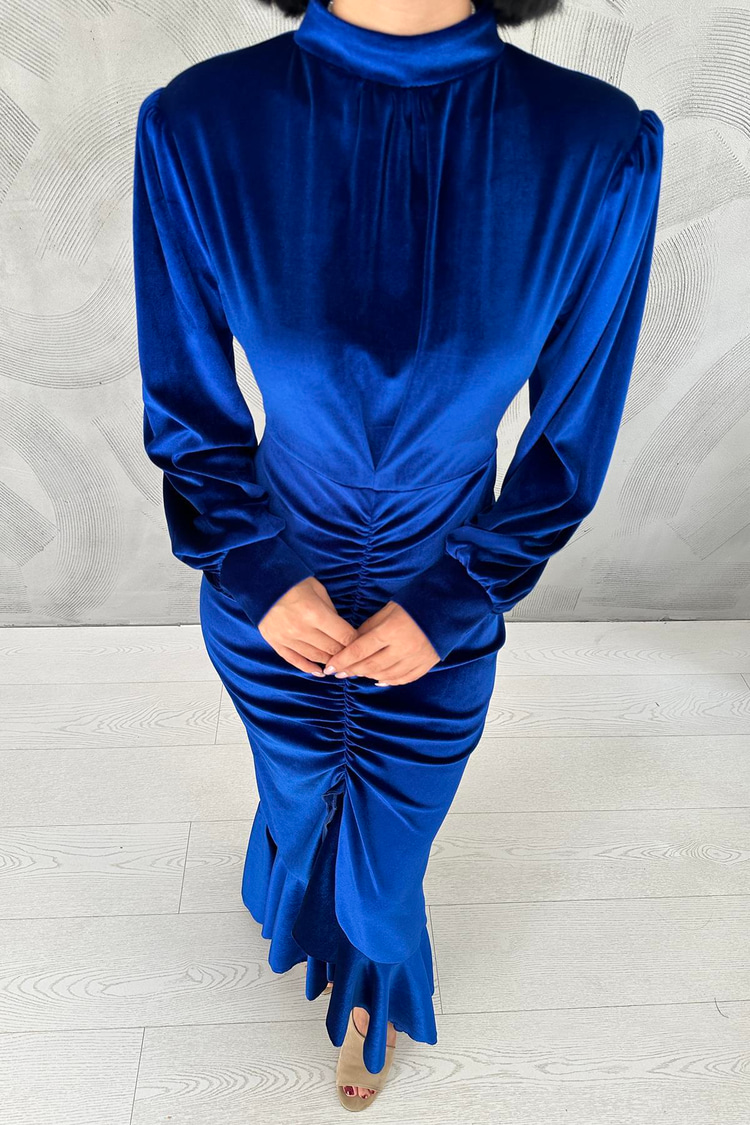Sax Front Gathered High Neck Dress