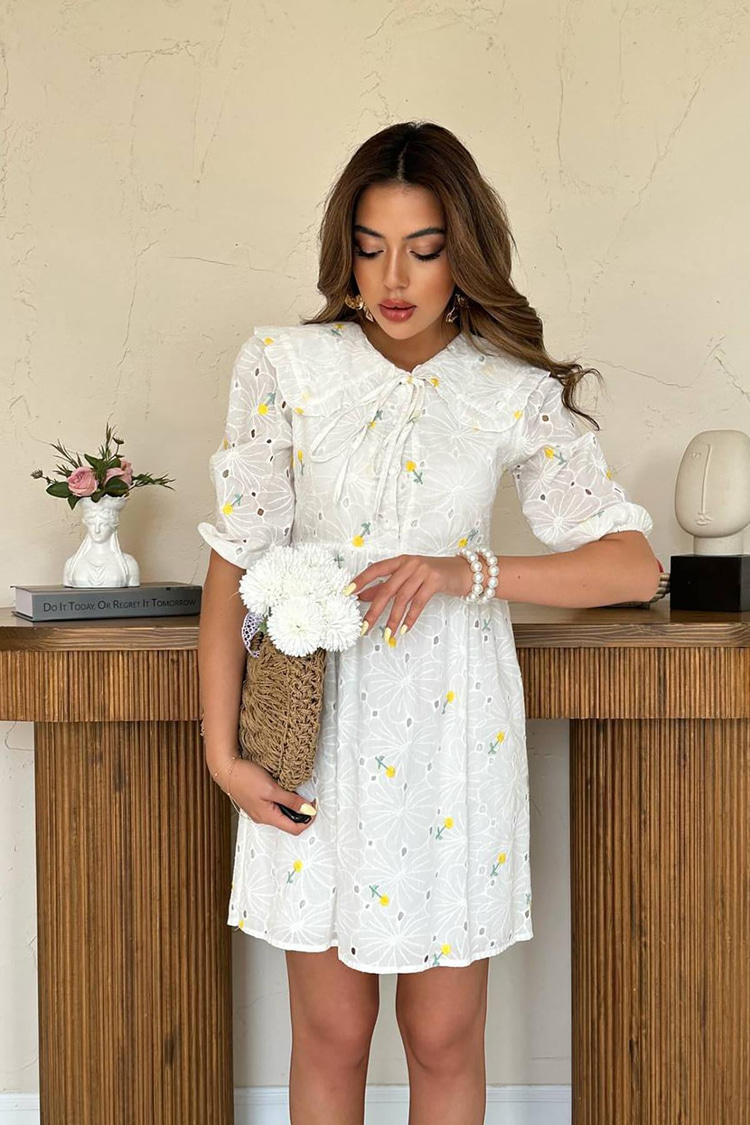 Toptan Sarı Bebe Yakalı Brode Elbise