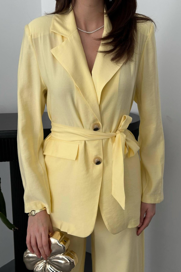 Yellow Belted Jacket And Trousers Set