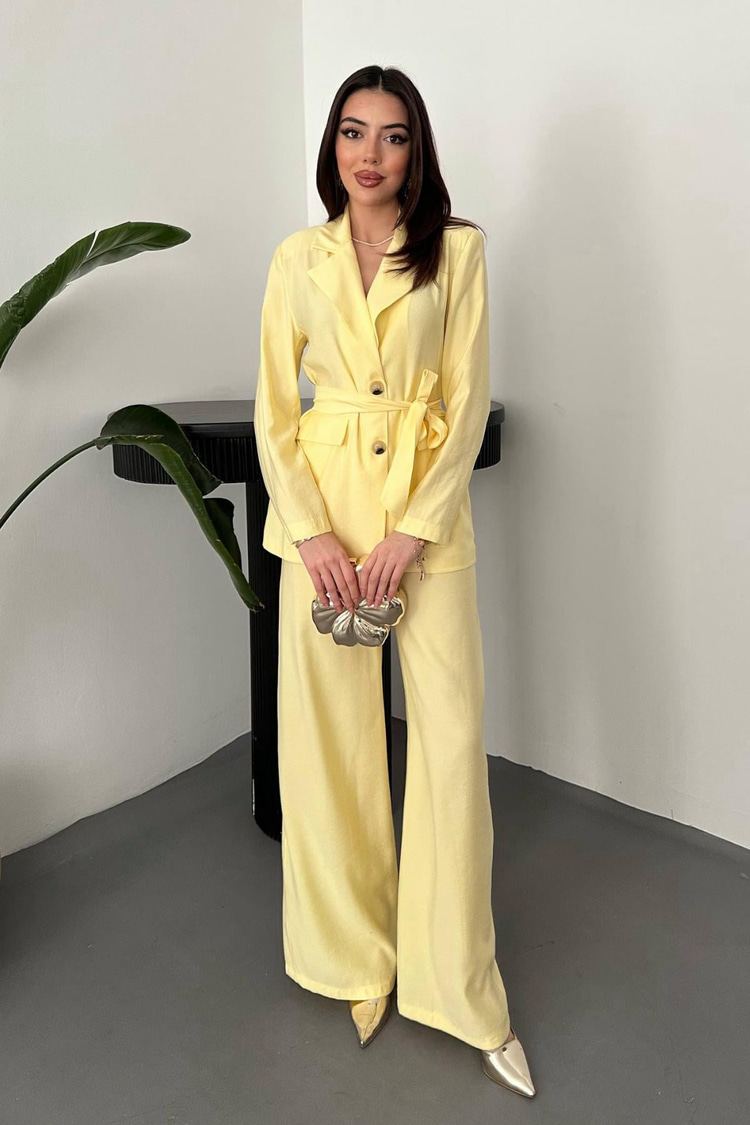 Yellow Belted Jacket And Trousers Set