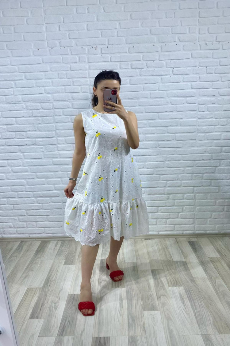 Toptan Sarı Dantelli Çiçekli Elbise