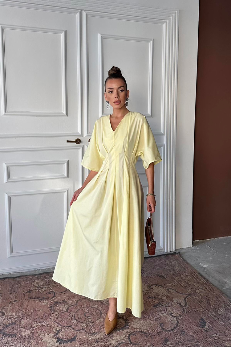 Yellow Pleated Long Dress