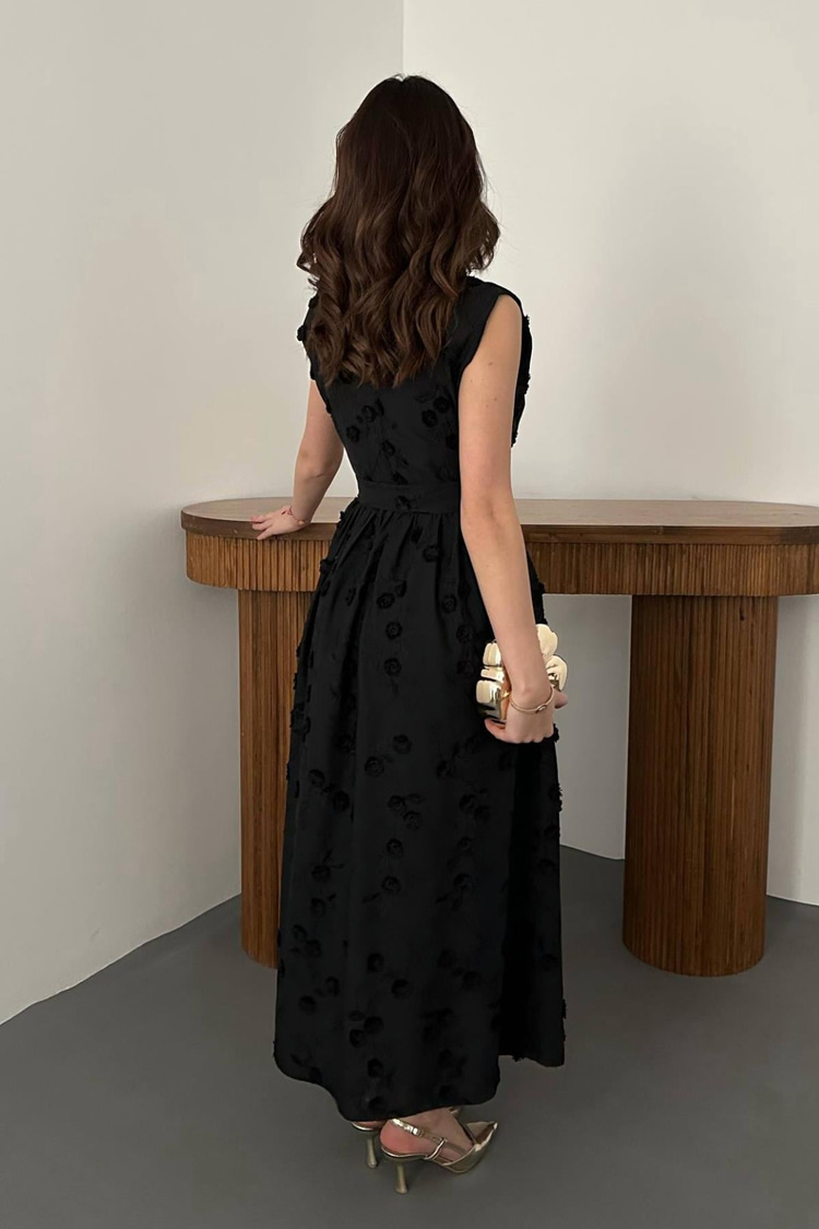 Black Dress With 3D Embroidered Details