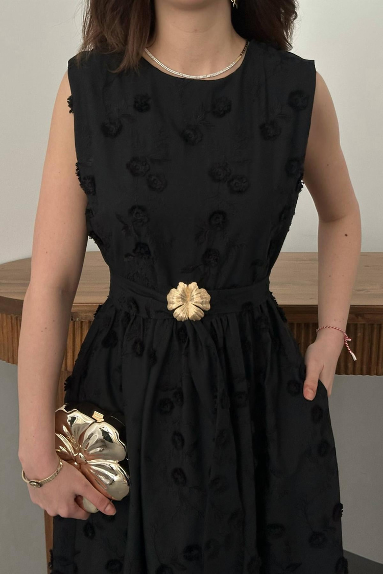 Black Dress With 3D Embroidered Details