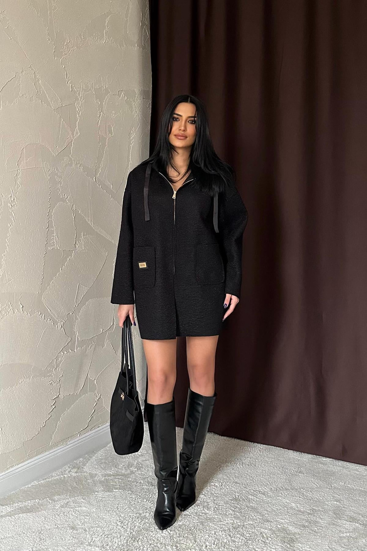 Black Emblem Hooded Plush Jacket