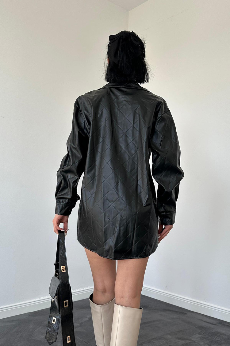 Black Baklava Patterned Leather Shirt