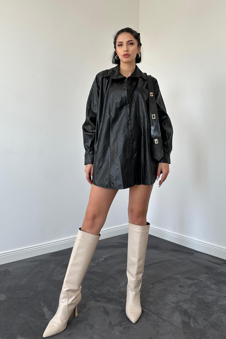 Black Baklava Patterned Leather Shirt