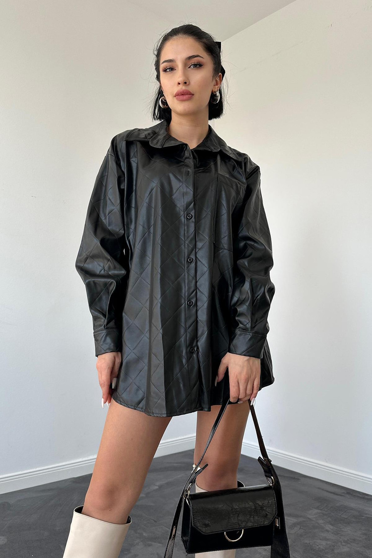 Black Baklava Patterned Leather Shirt