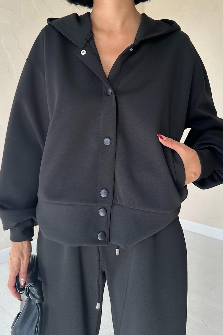 Black Jacket And Trousers Set With Elastic Waist