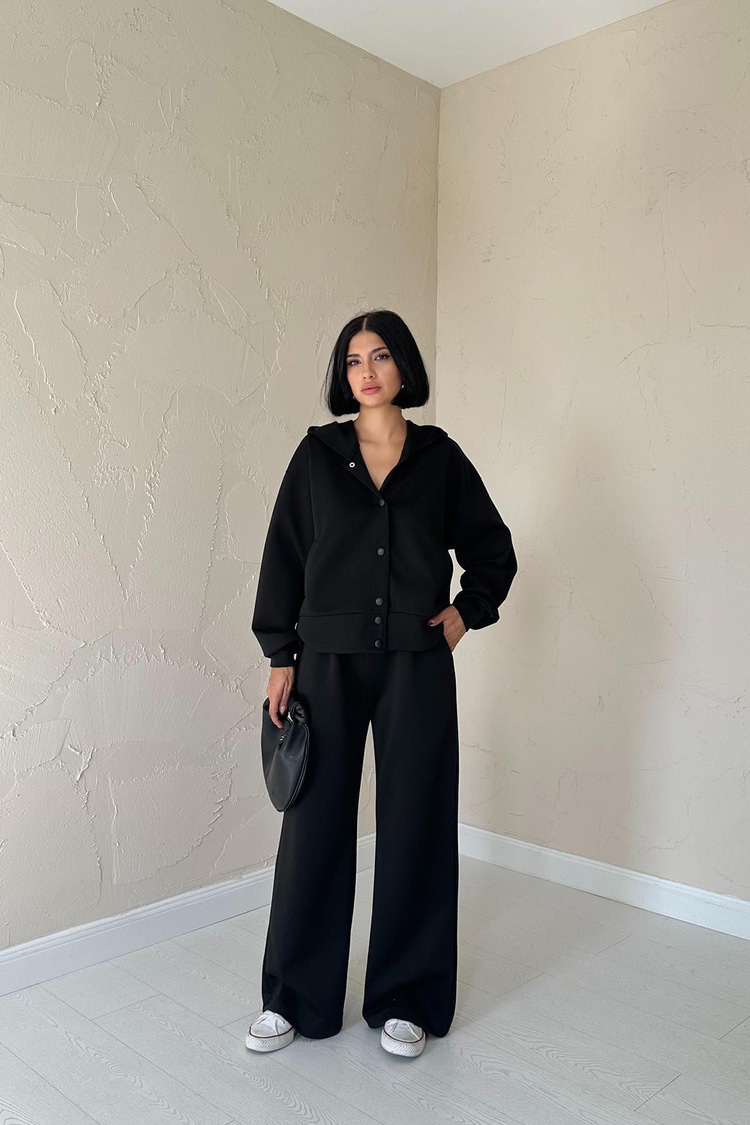 Black Jacket And Trousers Set With Elastic Waist